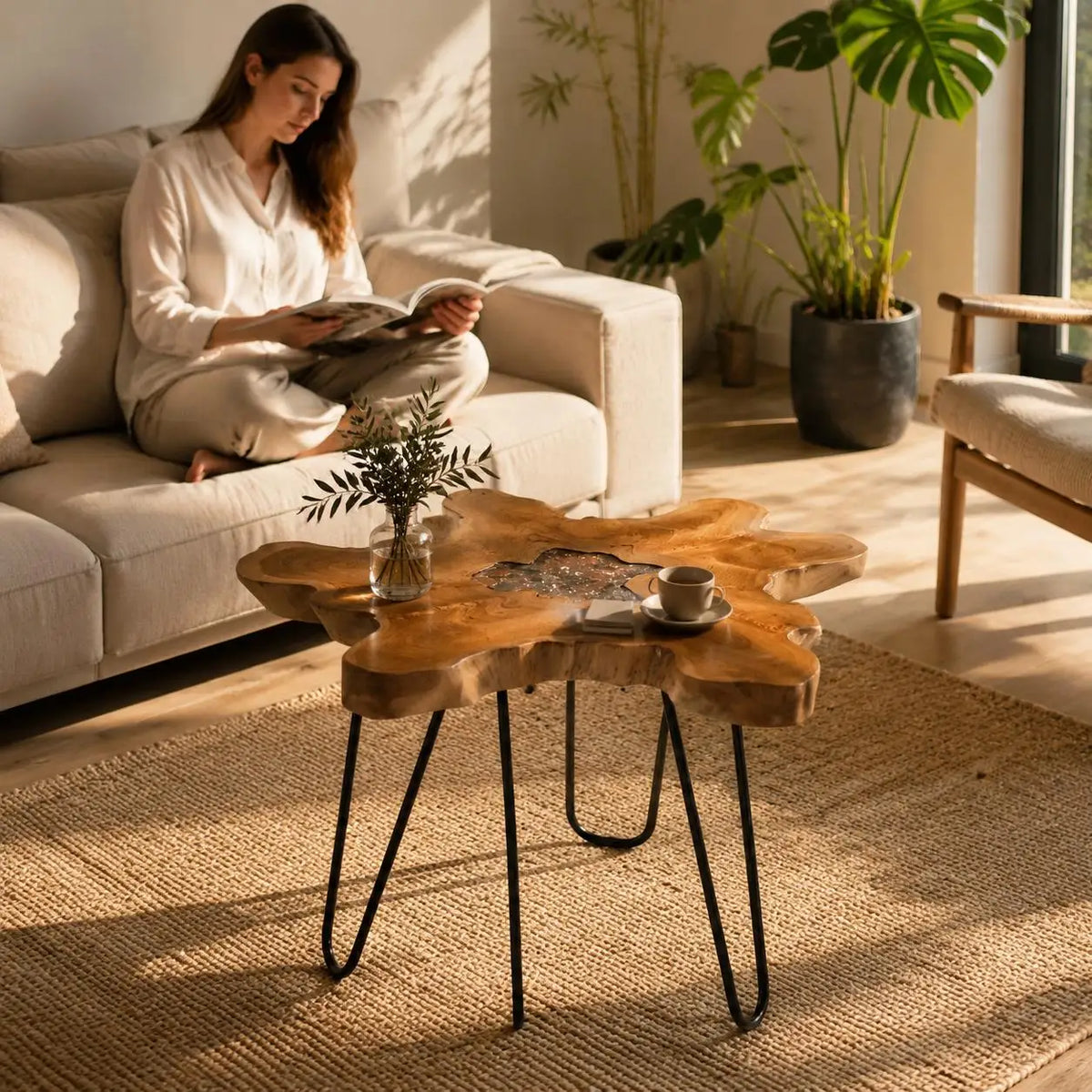 Table Basse Organique - Teck Massif et Résine, 60 à 70 × 45 cm